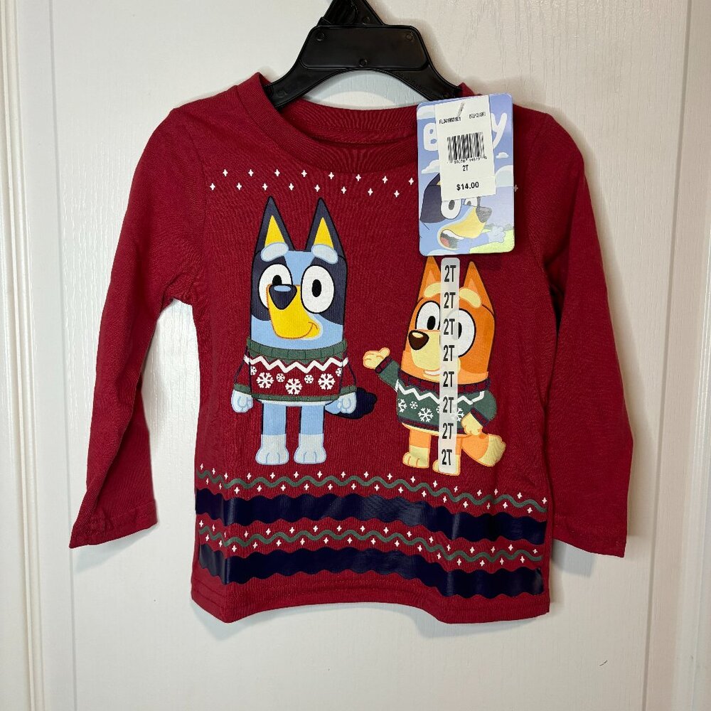 Bluey Bingo Toddler Festive Holiday Crew Neck Long Sleeve Graphic T-Shirt NEW